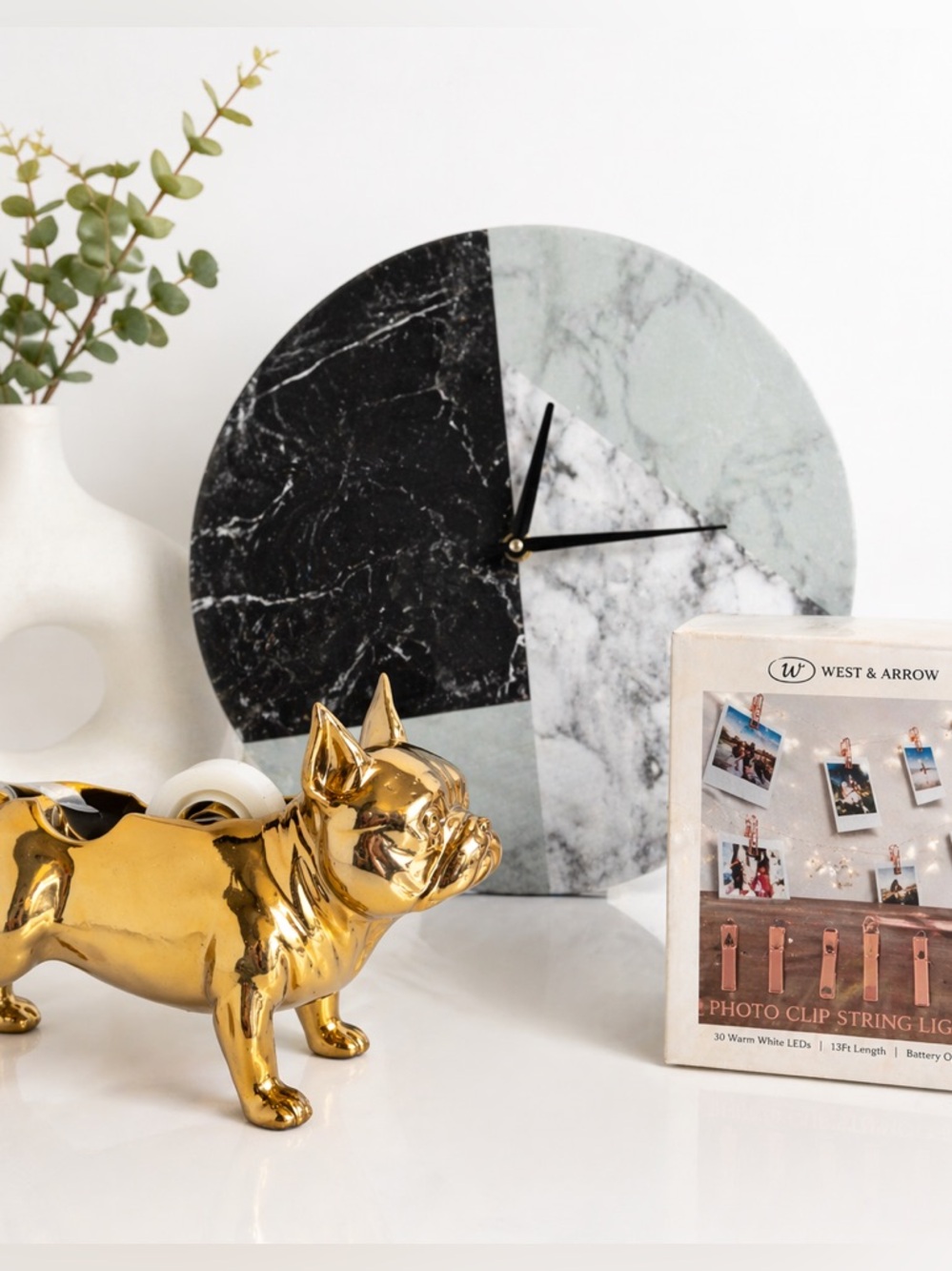 Modern Office Decor Set | Marble Wall Clock + Gold Bulldog Tape Dispenser String